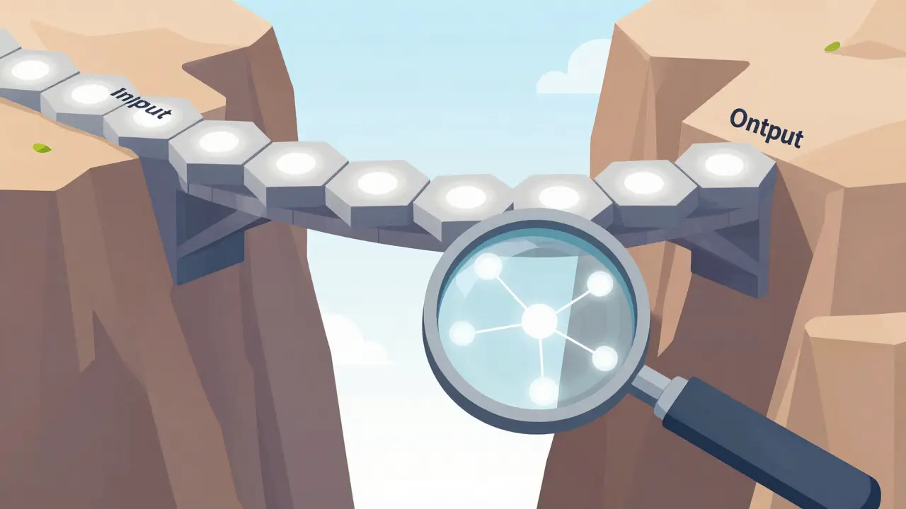 Sturdy bridge of glowing hexagons representing faithful AI reasoning
