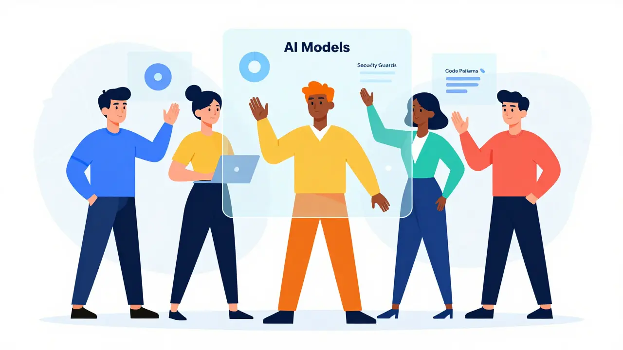Stylized geometric avatars collaborating on an AI toolchain interface