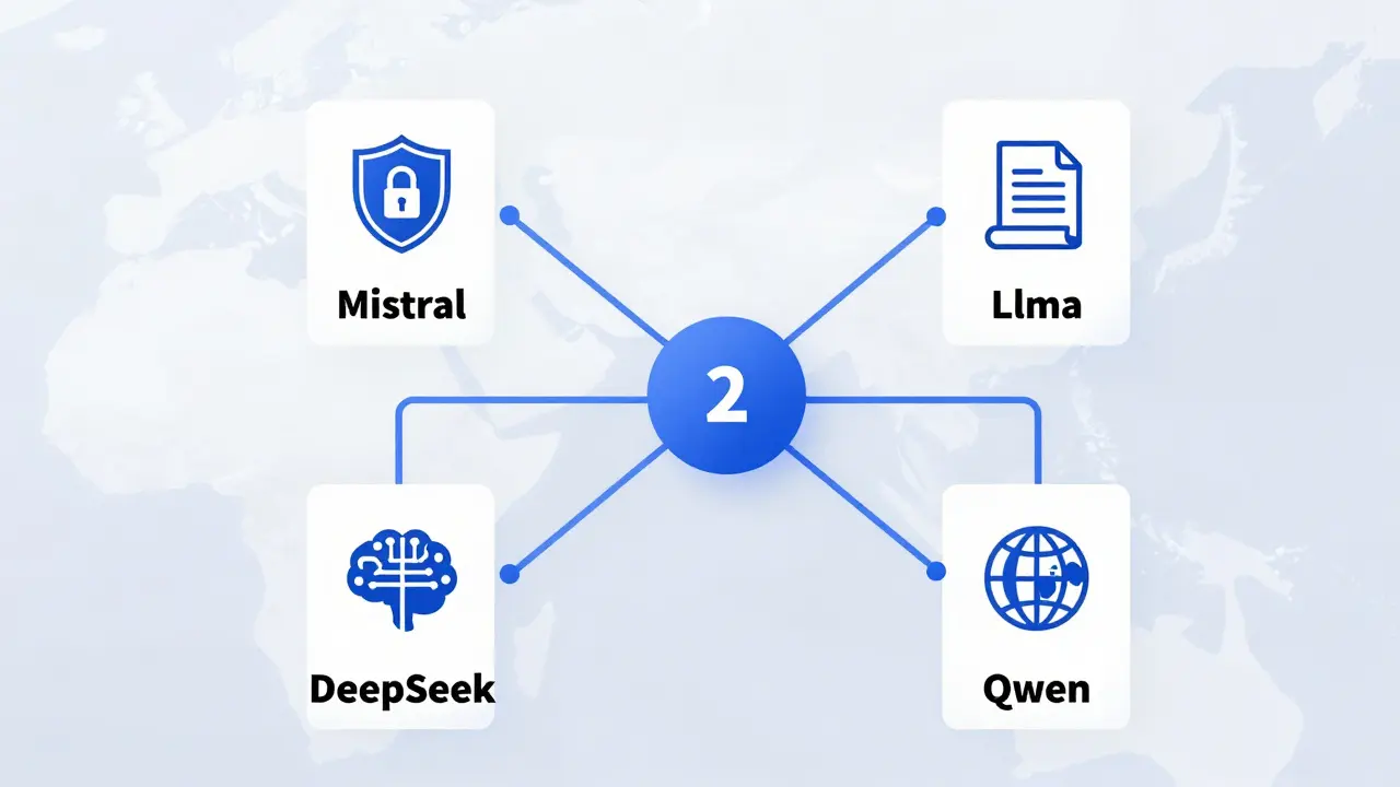 Stylized geometric decision tree for choosing between four open-source AI models based on use case.