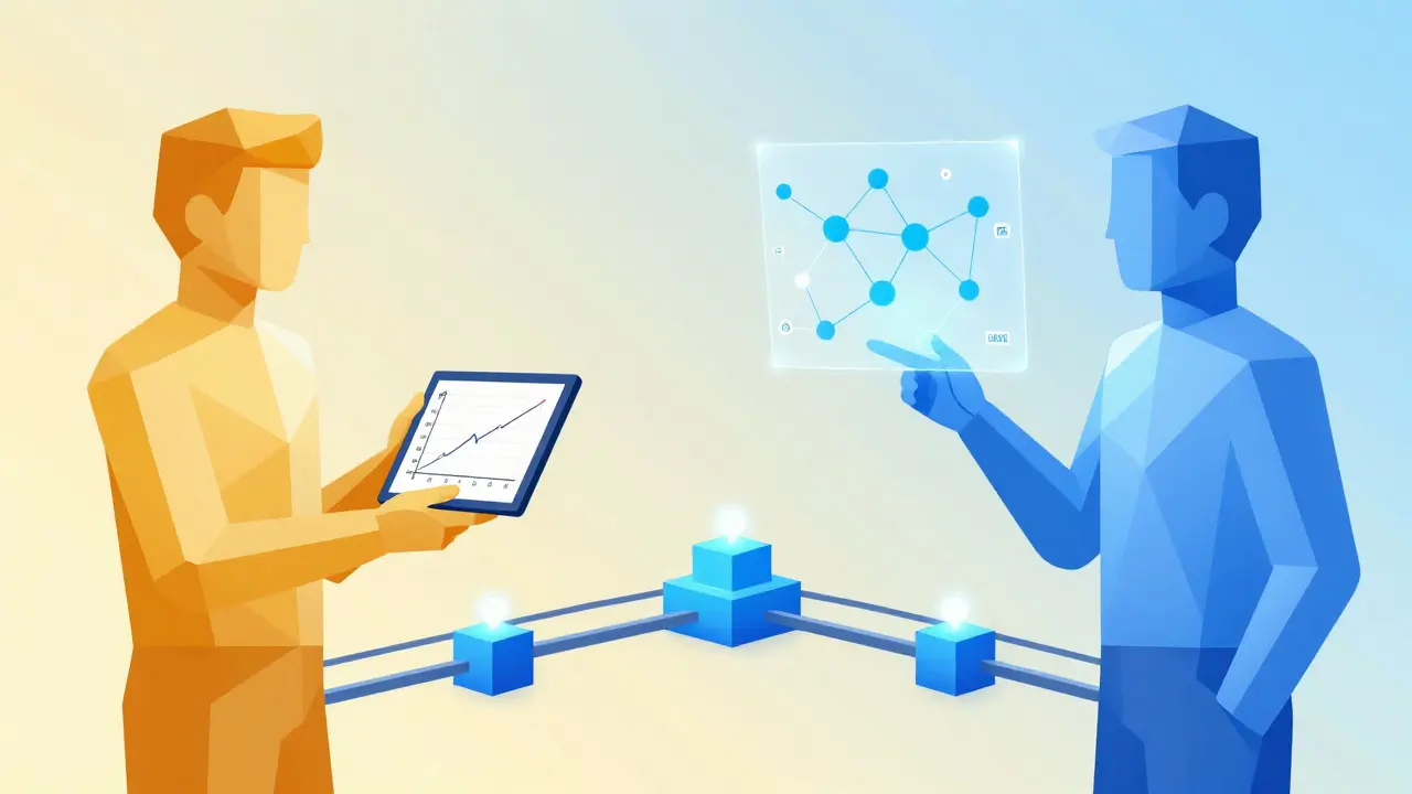 Stylized geometric image of human-AI scientific collaboration