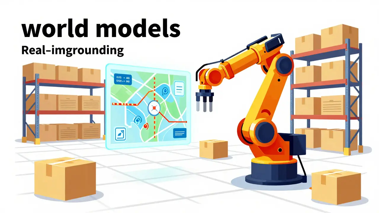 Stylized robot navigating a warehouse using real-time world models.