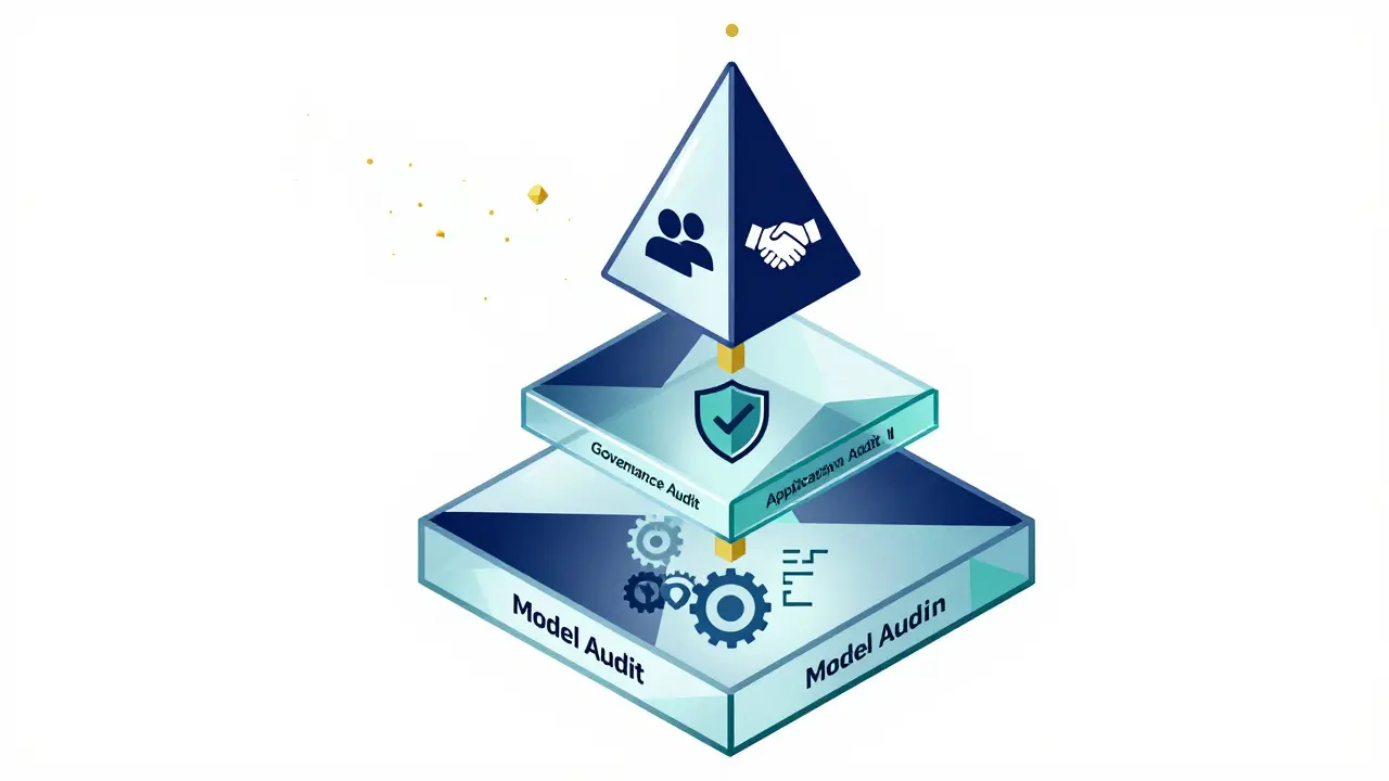 Three-layered geometric pyramid illustrating structured AI auditing framework