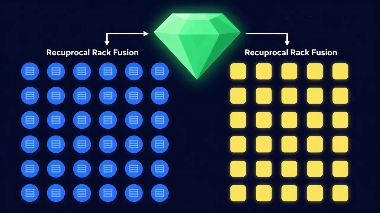Visual representation of reciprocal rank fusion boosting search accuracy.