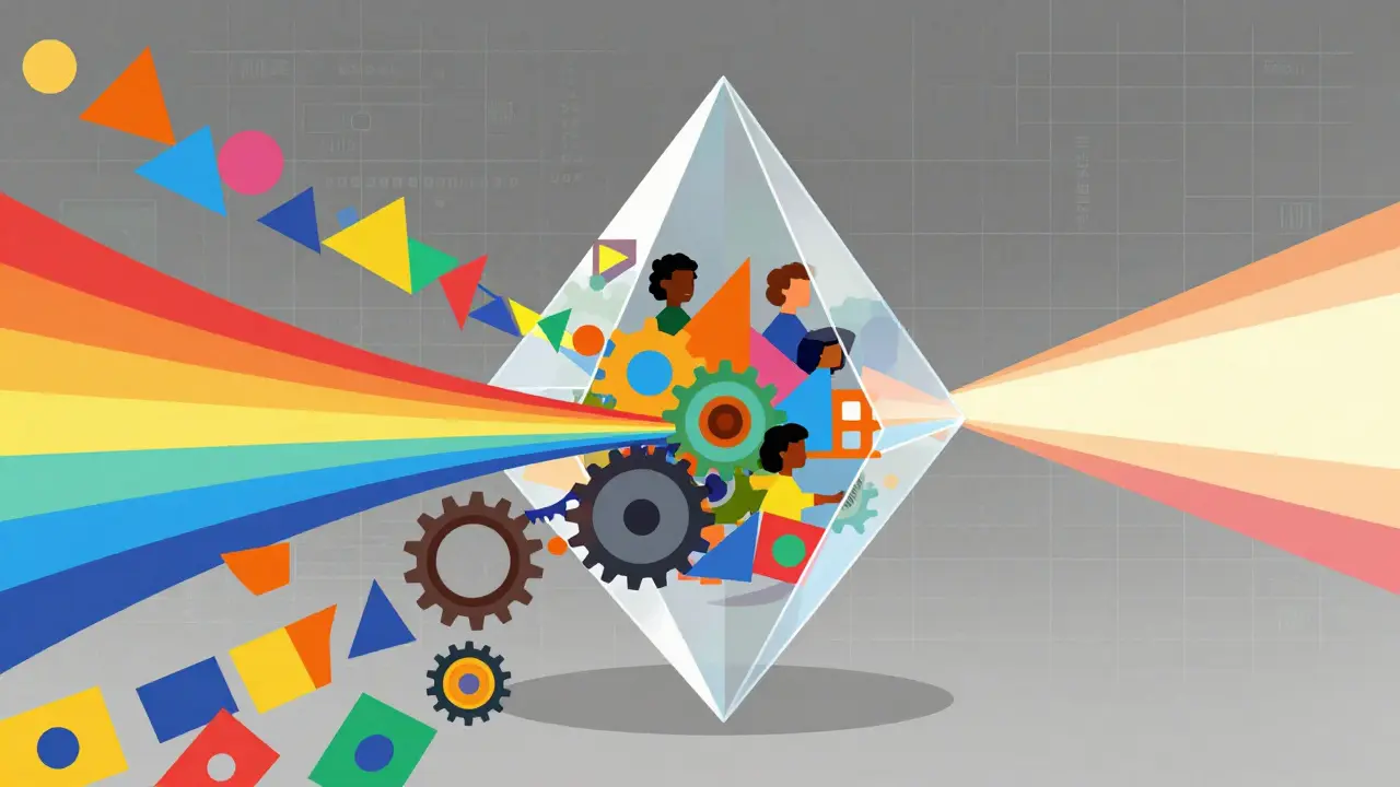 Abstract geometric art of diverse data streams entering a prism for fair AI processing