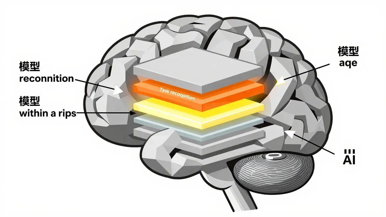 Abstract geometric diagram of an AI neural network highlighting task recognition layers.