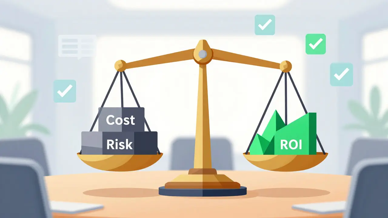 Balanced scale showing ROI and efficiency outweighing cost and risk in AI strategy.