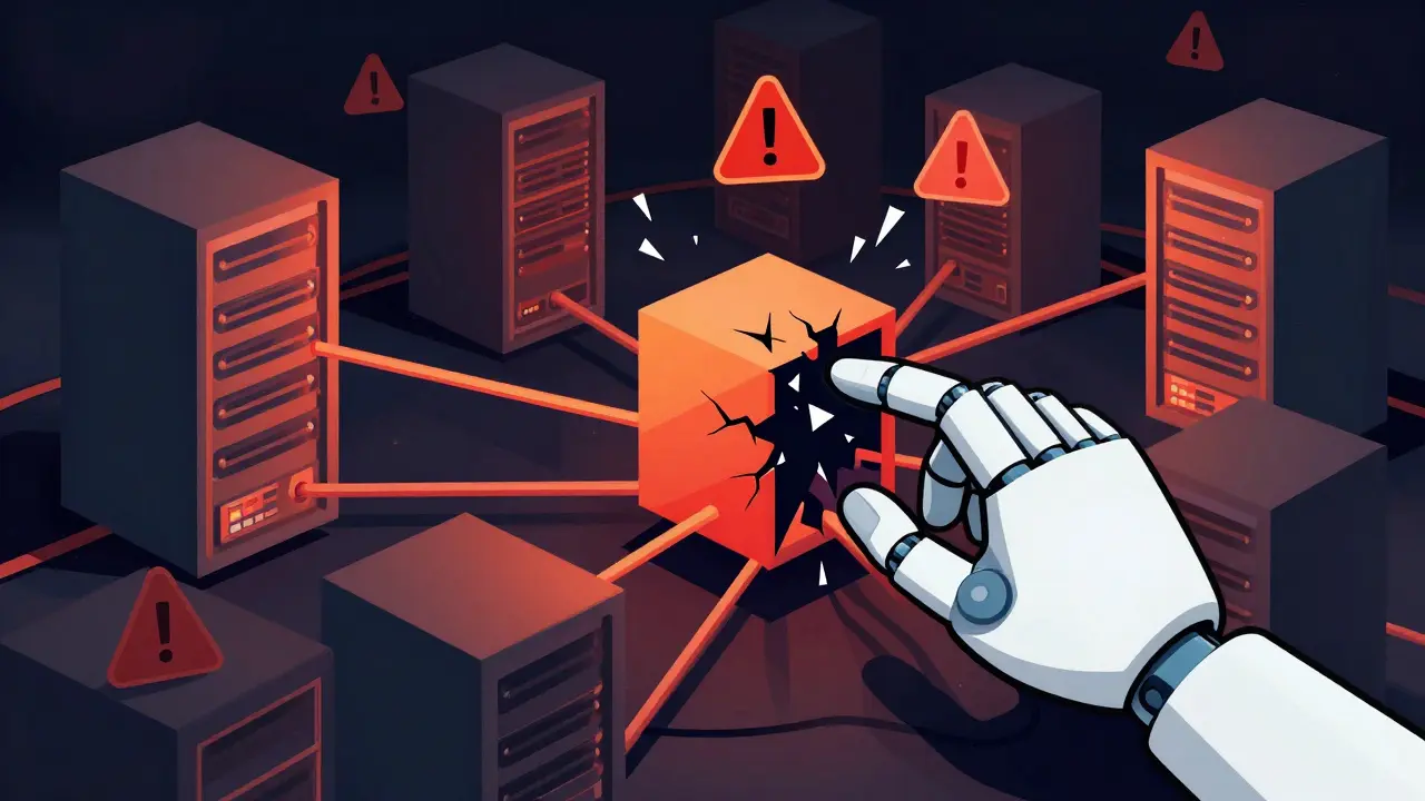 Chaotic geometric servers breaking down due to AI-induced errors and bugs.