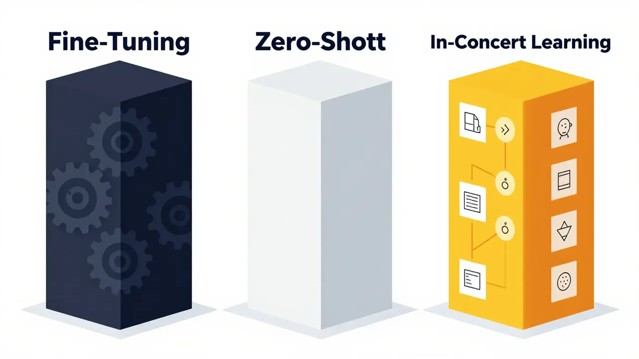 Comparison chart in geometric style showing fine-tuning vs zero-shot vs in-context learning.