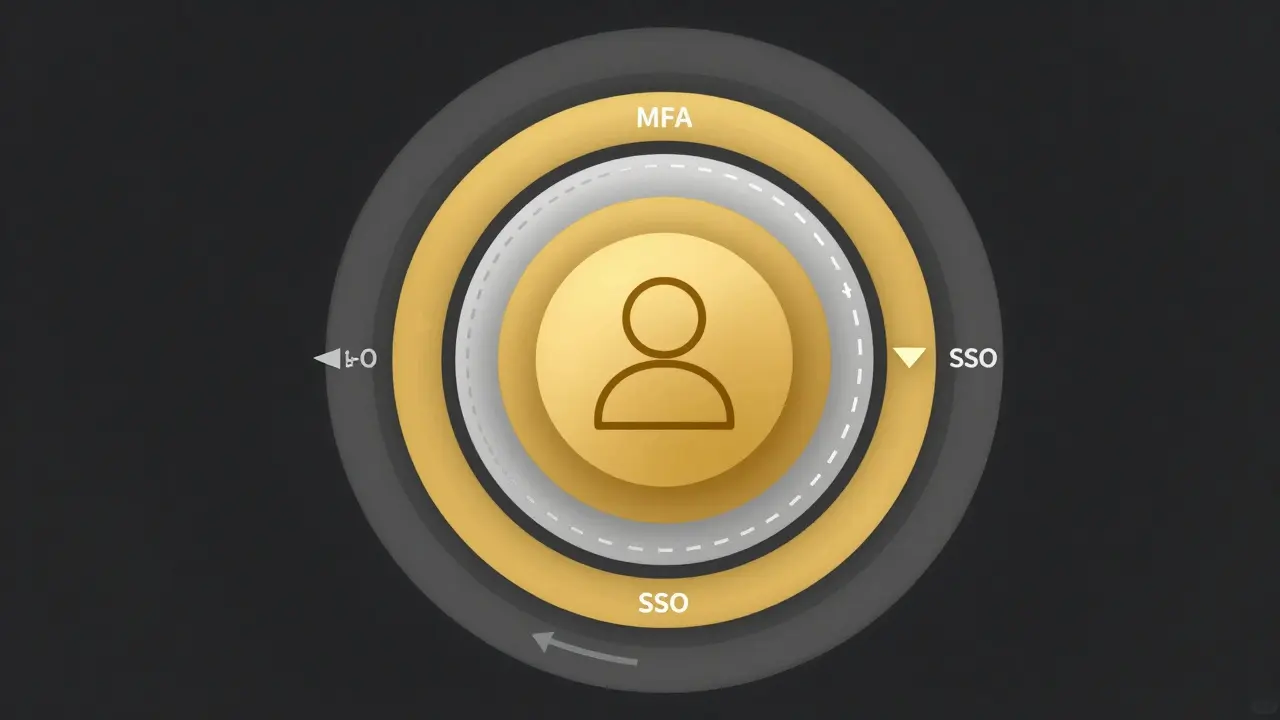 Concentric geometric rings illustrating adaptive security layers around a user