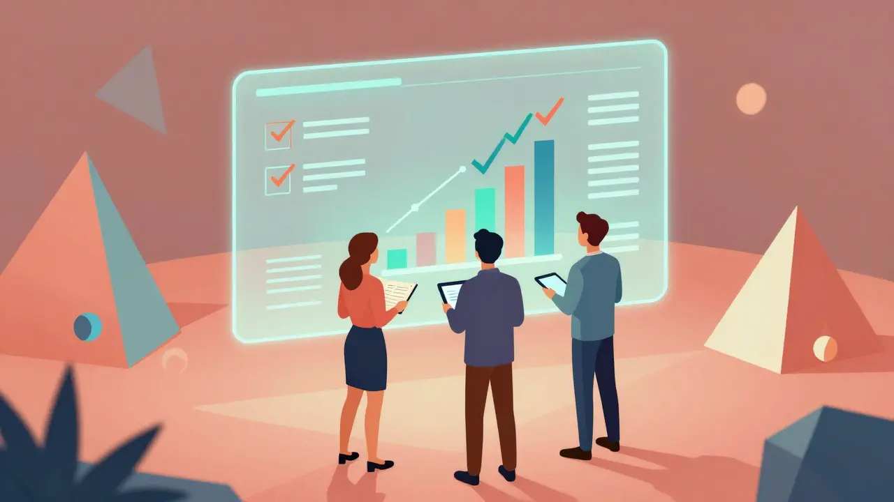 Diverse team viewing holographic success metrics in geometric style