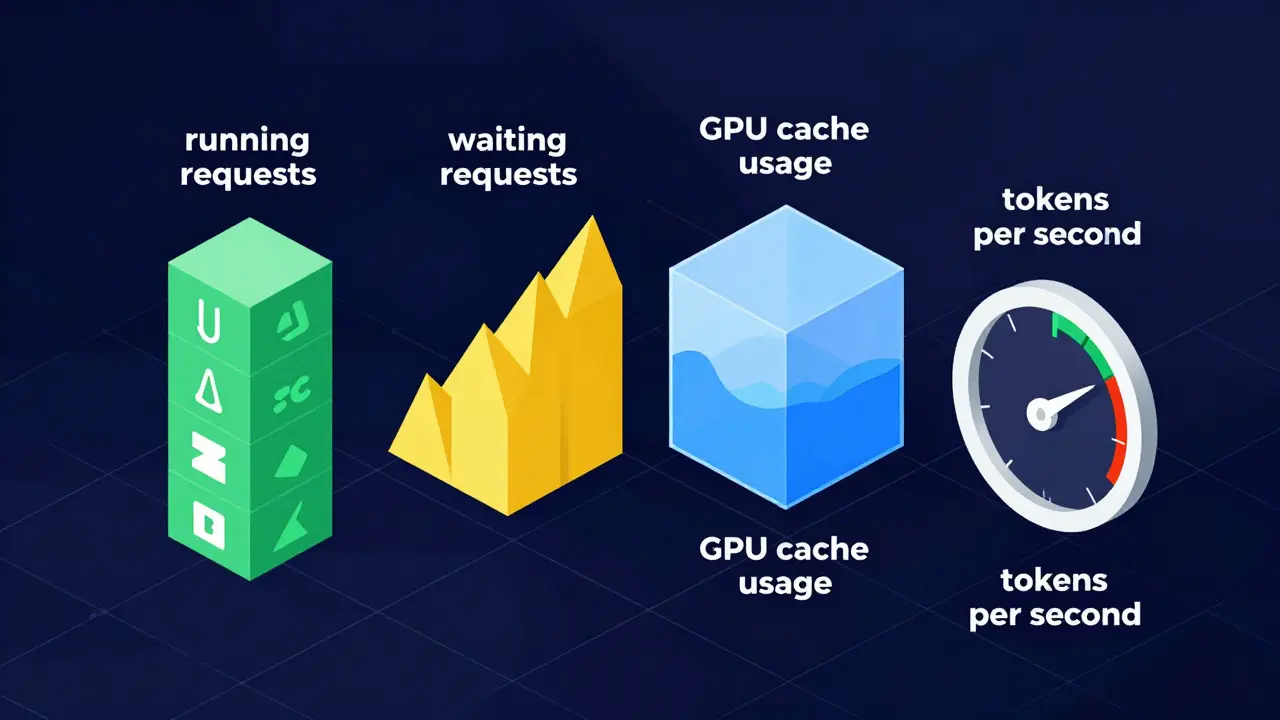 Floating geometric pillars visualizing key LLM metrics like GPU cache and request queues