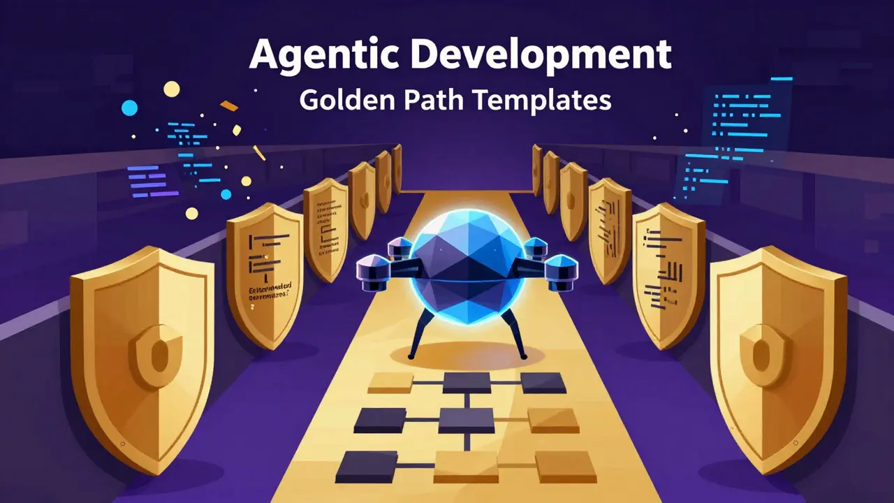 Geometric art depicting an AI agent guiding code along a secure golden path with governance shields