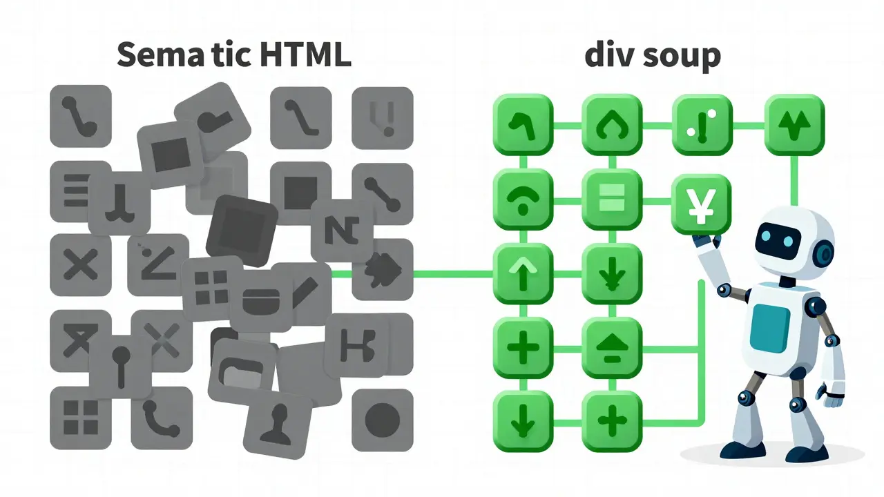 Geometric comparison of messy div code vs semantic HTML structures