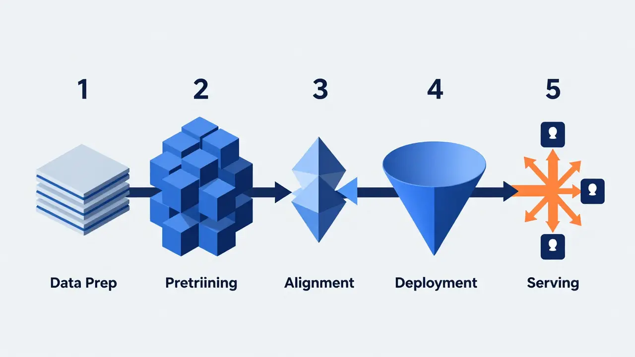 Geometric pipeline showing the five stages of LLM model development.