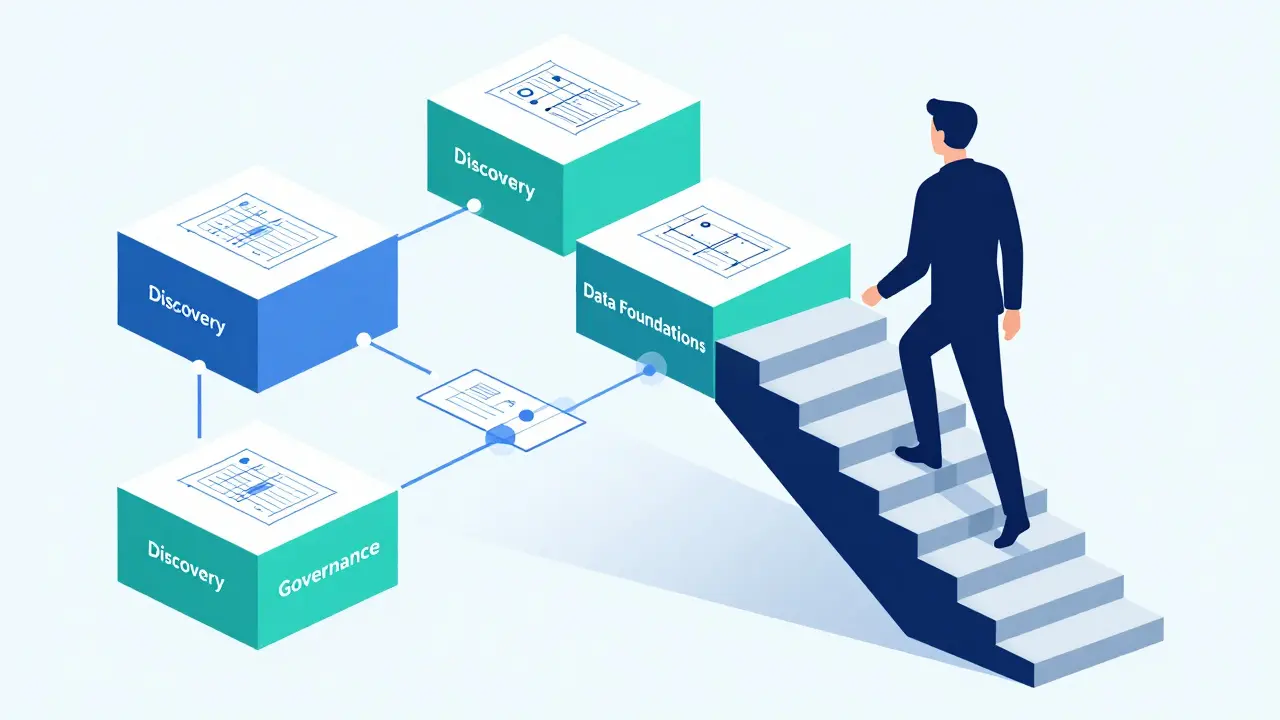 Geometric staircase illustrating the five phases of an enterprise AI roadmap.