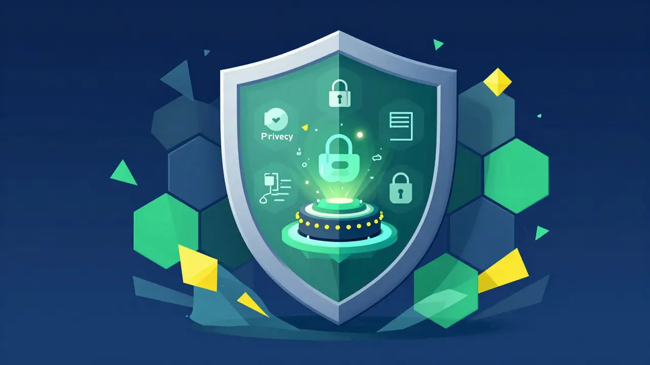 Hexagonal shield protecting digital assets representing AI governance