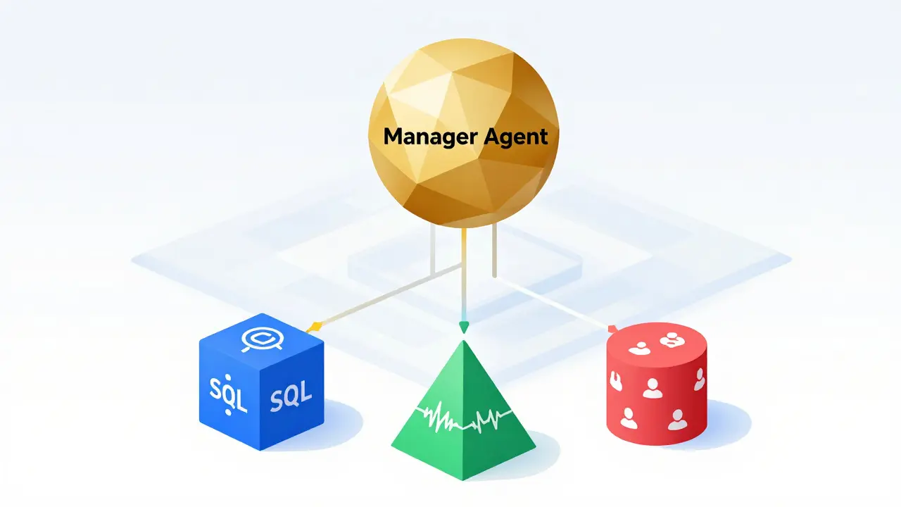Hierarchical geometric illustration of a manager AI agent coordinating specialized sub-agents in a network.