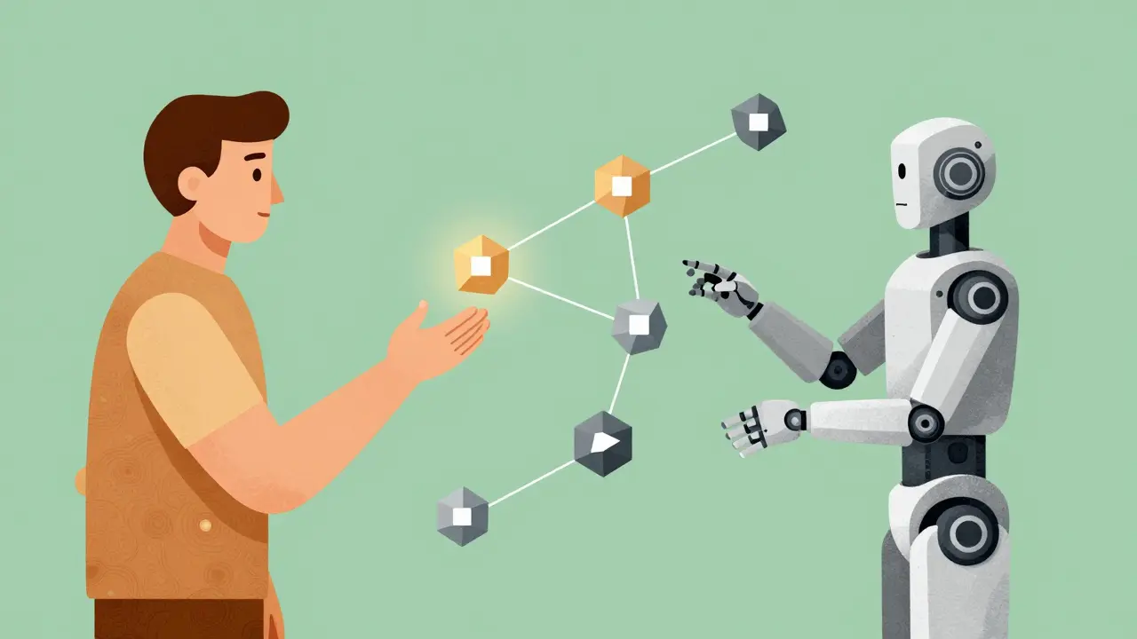 Human and robot figures connected by geometric data nodes