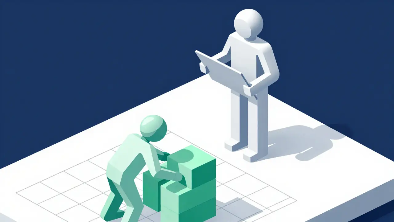 Human architect guiding AI with structured blocks