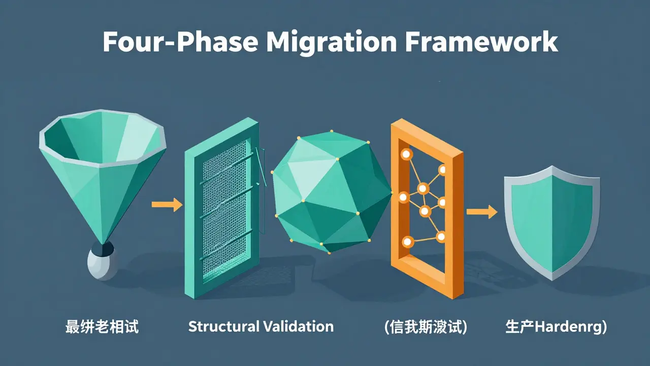 Illustration of a four-phase migration framework transforming code through validation and testing stages