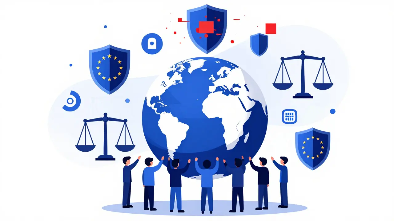 Illustration of a geometric globe protected by shields symbolizing global AI ethics