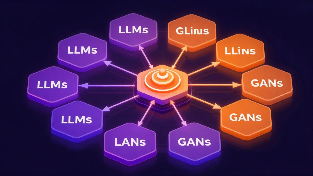 Illustration of interconnected AI models and orchestration hubs in geometric style.