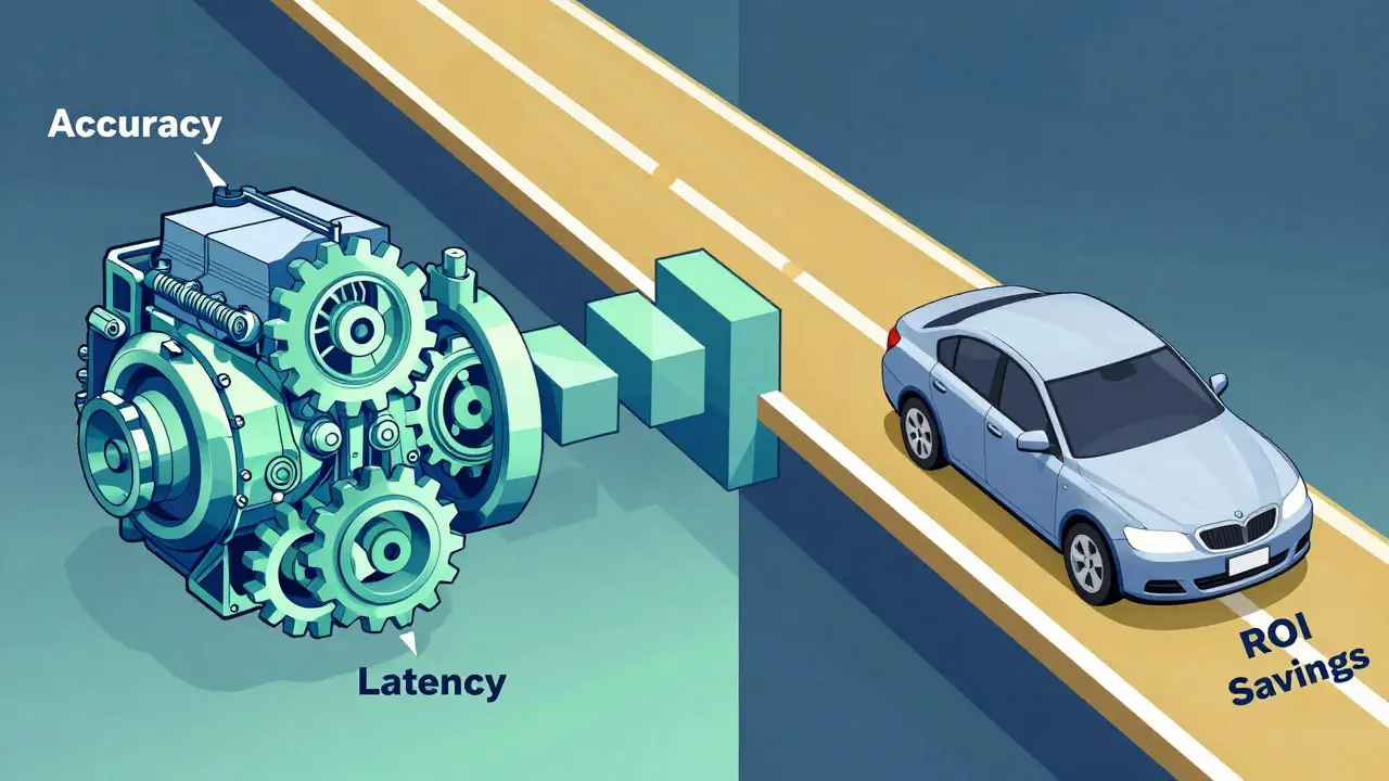 Illustration showing technical engine and business car connected by KPI baseline bridge