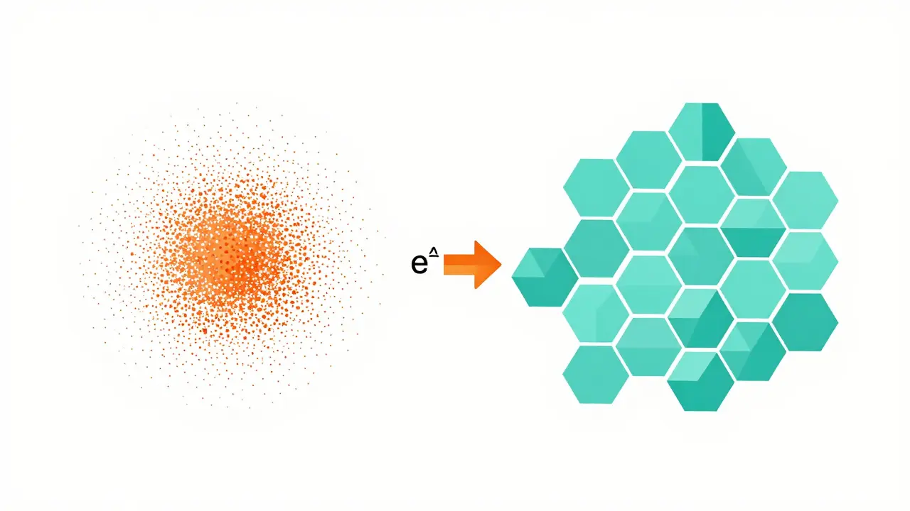 Illustration transforming chaotic dots into an organized grid, symbolizing reduced model uncertainty.