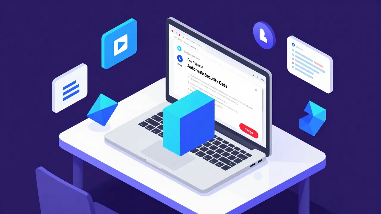 Isometric view of dev workspace with automated security gates blocking merge.