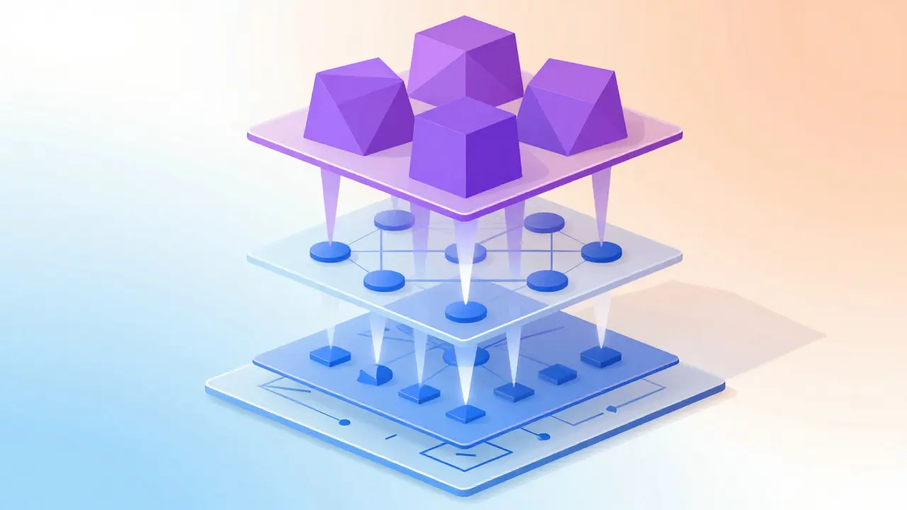 Layered geometric illustration of transformer model hierarchy from basic syntax to complex reasoning.