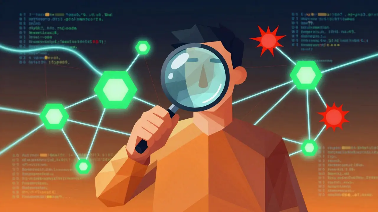 Person reviewing AI code errors with a geometric magnifying glass