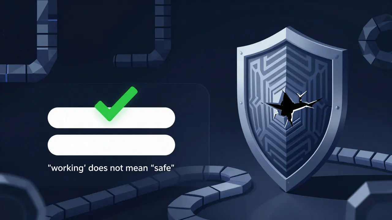 Split view comparing simple functional checks vs complex security shields.