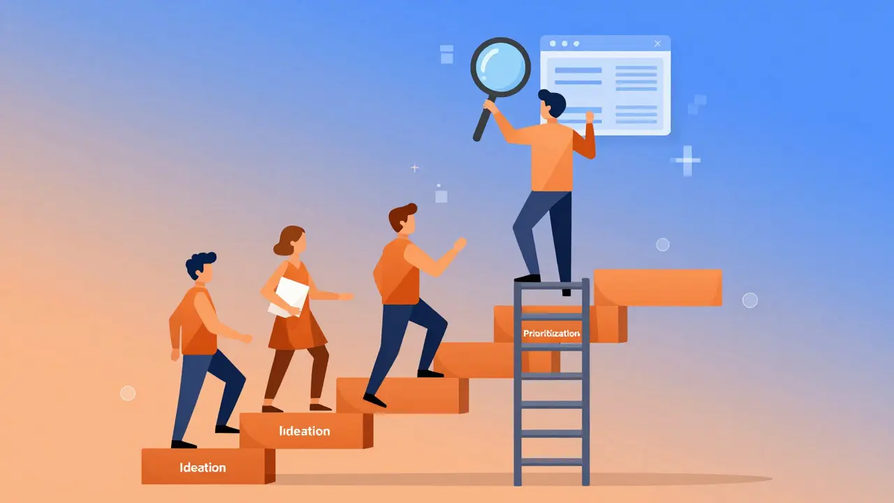 Stylized figures climbing a phased ladder toward an AI post-launch review stage