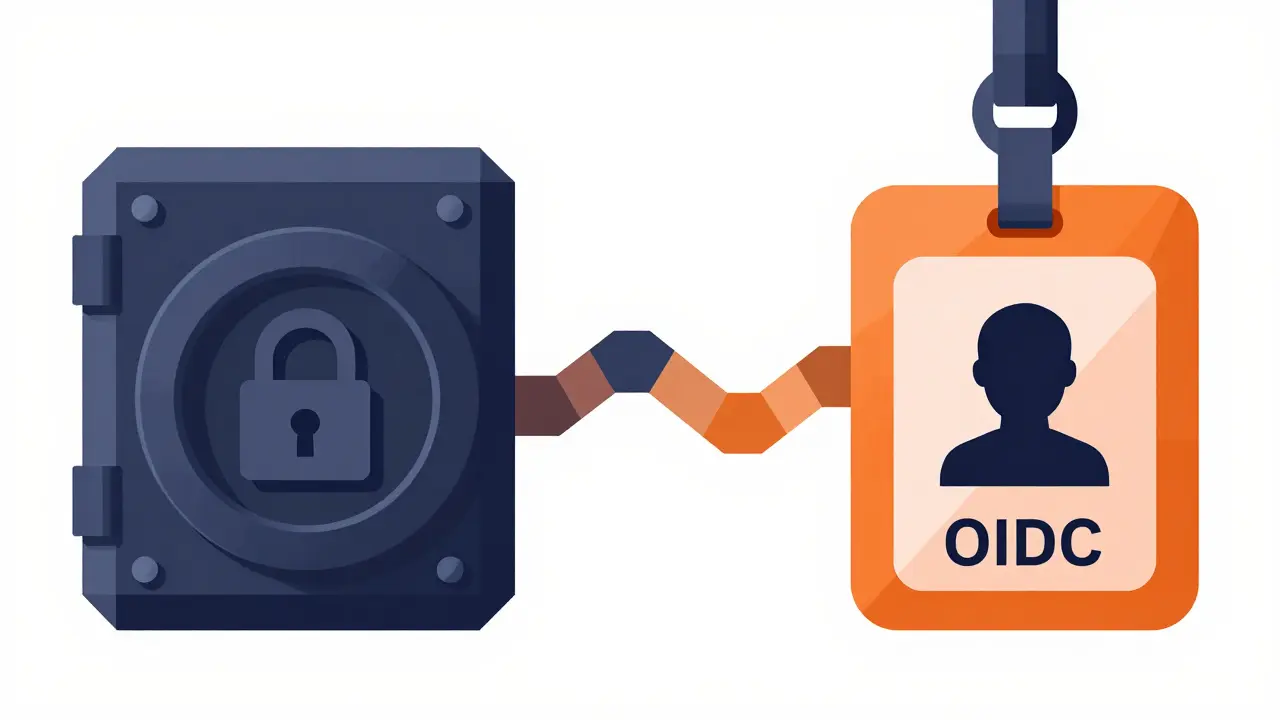 Stylized geometric vault and ID badge connected by hexagonal data streams