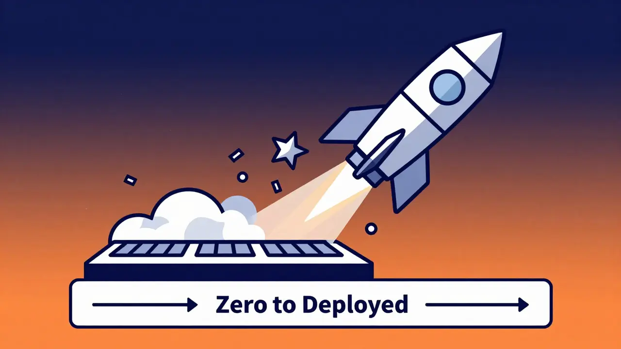 Stylized rocket launching from a keyboard, symbolizing rapid app deployment.
