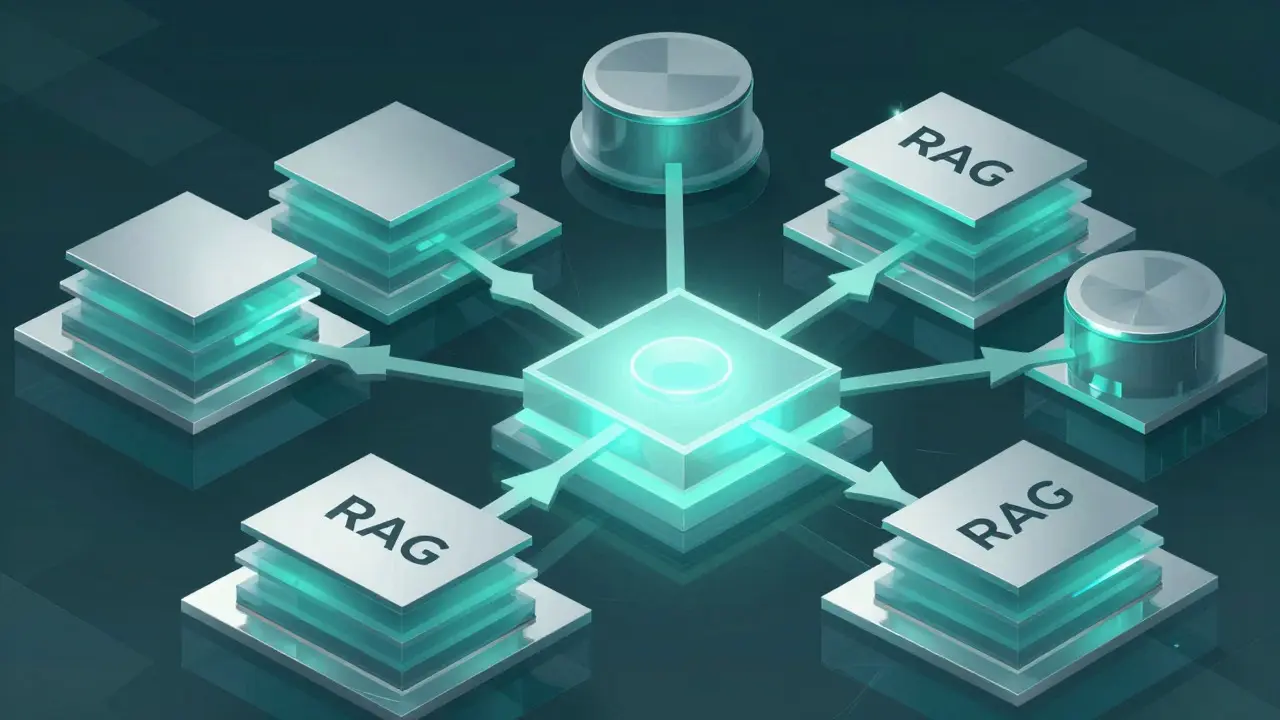 Abstract diagram of RAG connecting databases to AI models