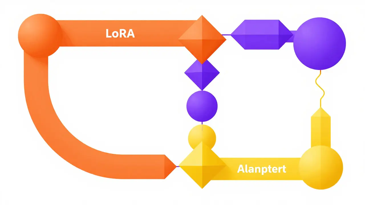 Abstract geometric paths comparing LoRA, Adapters, and Prompts