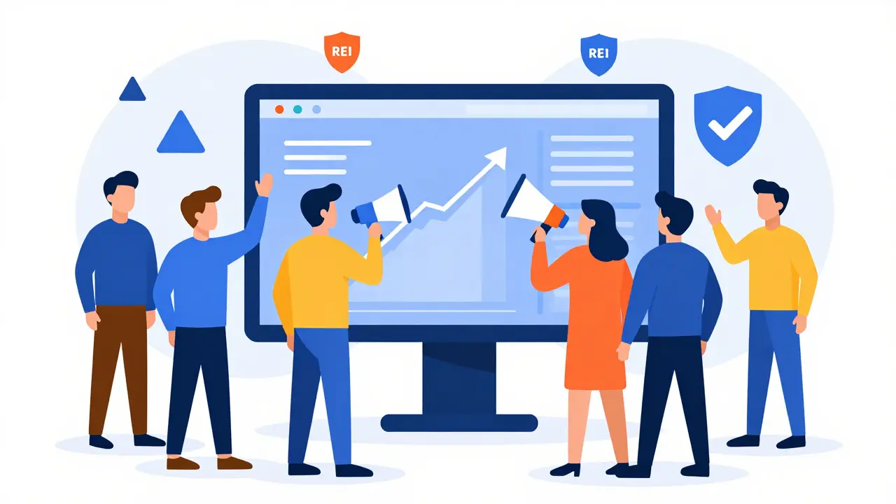 Abstract geometric team collaborating around a dashboard showing compliance metrics
