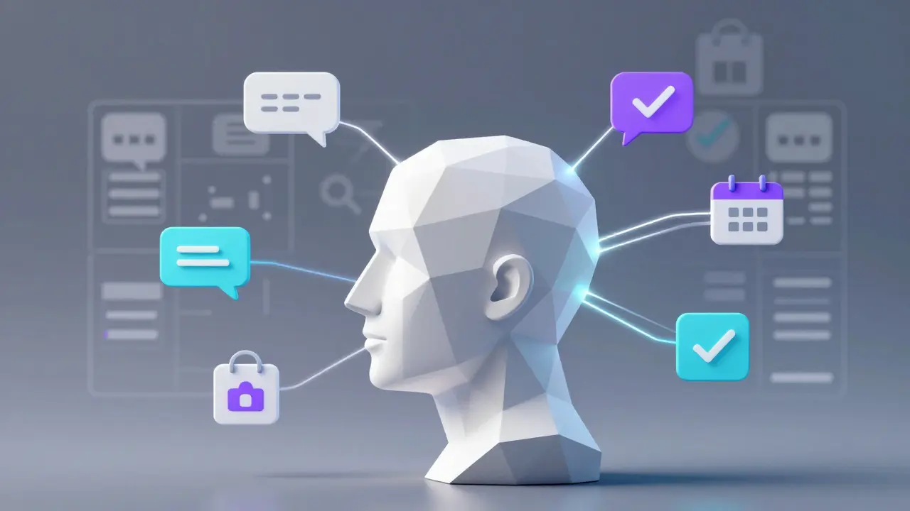 Abstract head analyzing speech bubbles into organized data grids