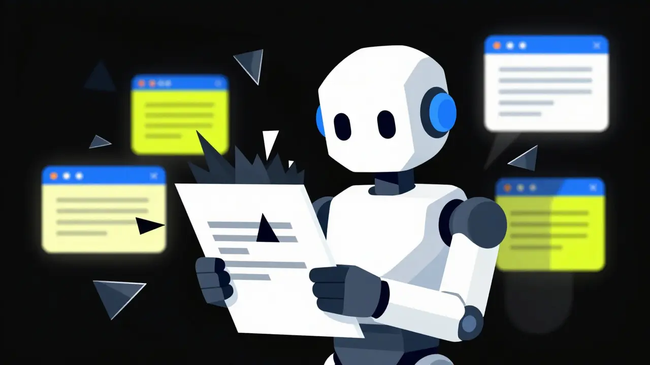 AI robot processing document with hidden malicious geometric shards injecting commands