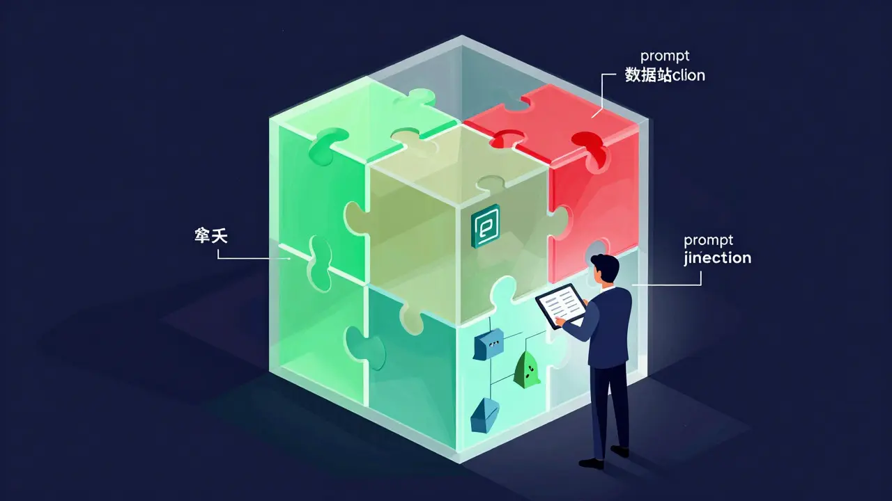 Analyst reviewing AI security phases with geometric model