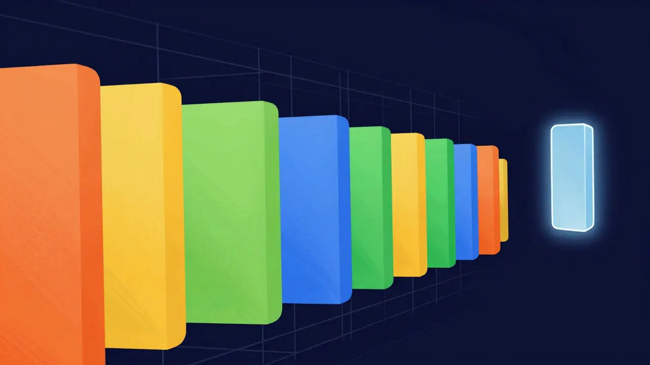Colorful geometric blocks flowing in a line representing next token prediction