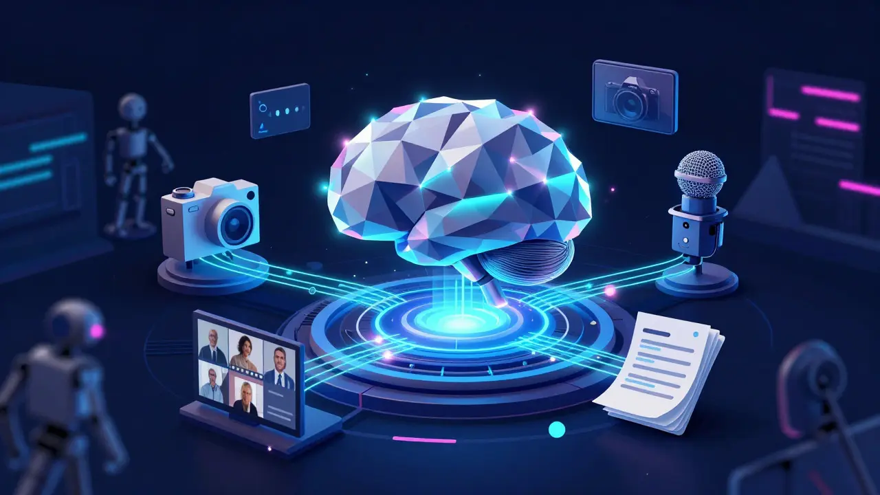 Futuristic geometric design of a central AI hub connecting cameras and audio