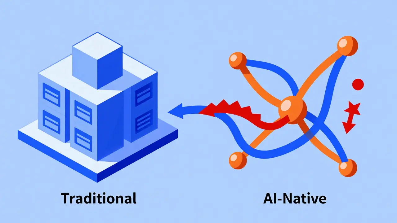 Geometric contrast between static traditional data blocks and dynamic AI governance flow