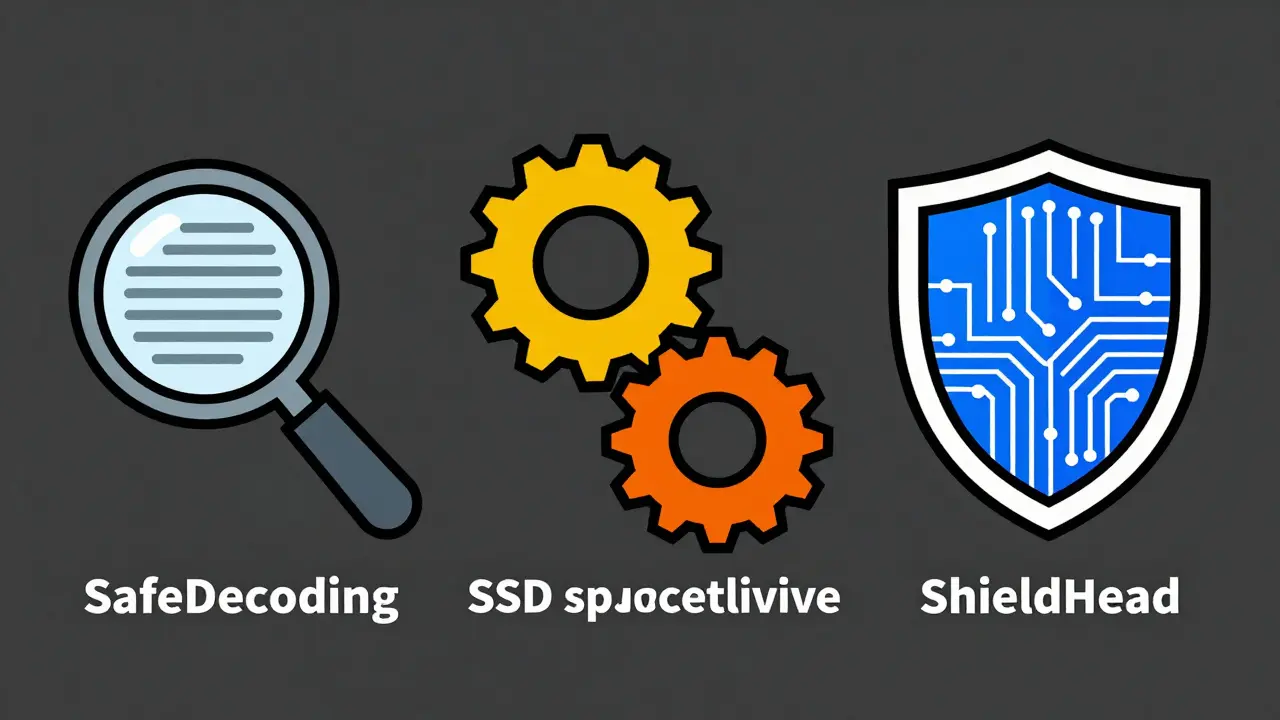 Geometric diagram showing three different AI safety techniques: token reweighting, speculative sampling, and integrated shields.