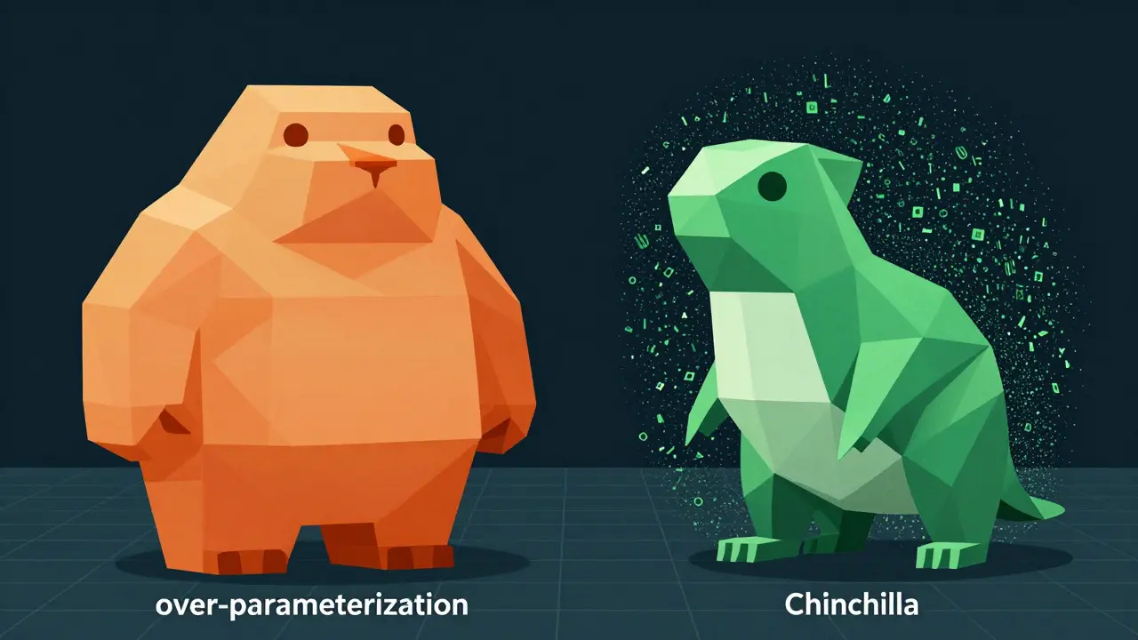 Geometric illustration comparing a bulky model to a sleek, data-rich model