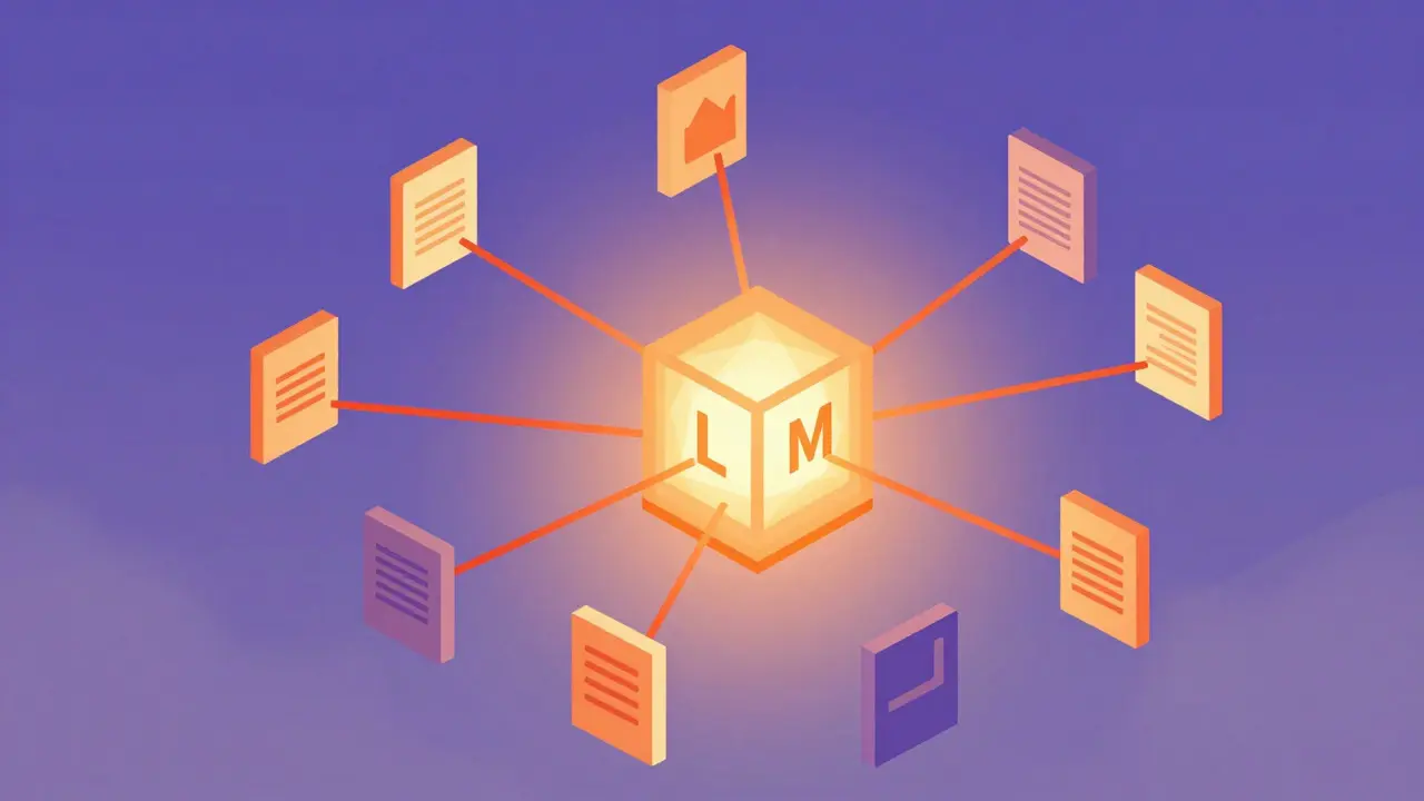Geometric illustration of AI anchored to data sources via RAG.