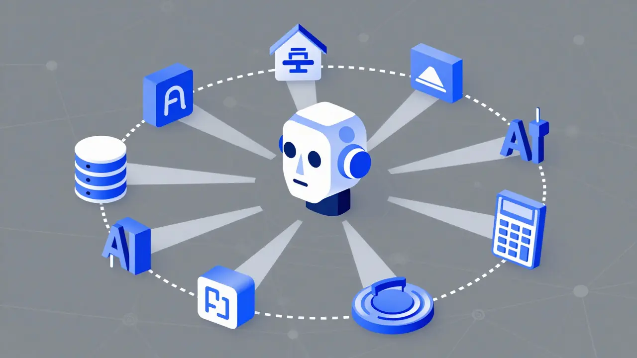 Geometric illustration of an AI agent connecting to tools in parallel