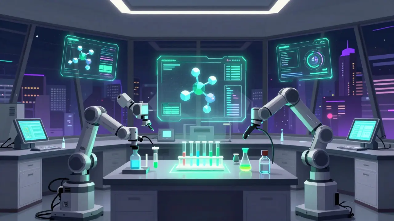 Geometric view of an automated lab with robots and holograms managing drug discovery.