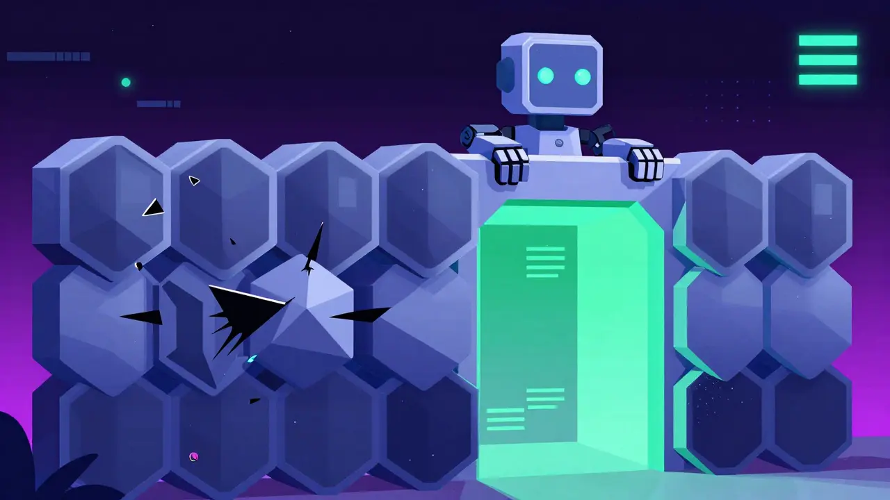 Hexagonal security shield blocking jagged malicious code shapes